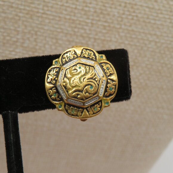 Vintage Damascene Etruscan Revival Style Clip On Earrings - Picture 3 of 9